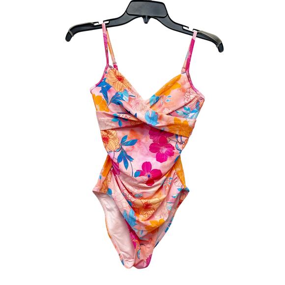 Cupshe Women's Sunset Bloom Ruched V Neck One Piece Swimwear Multicolor XS - Picture 1 of 8